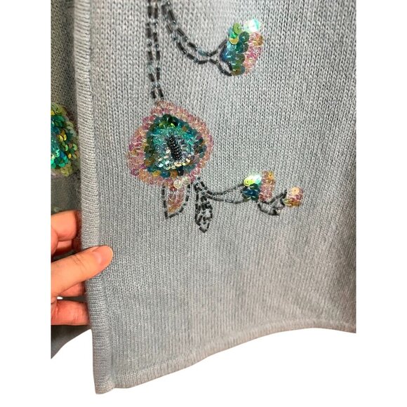 Vintage Silk Floral Sequin Cardigan 1X Blue Rabbit Hair Knit Embellished Chic - Picture 6 of 14